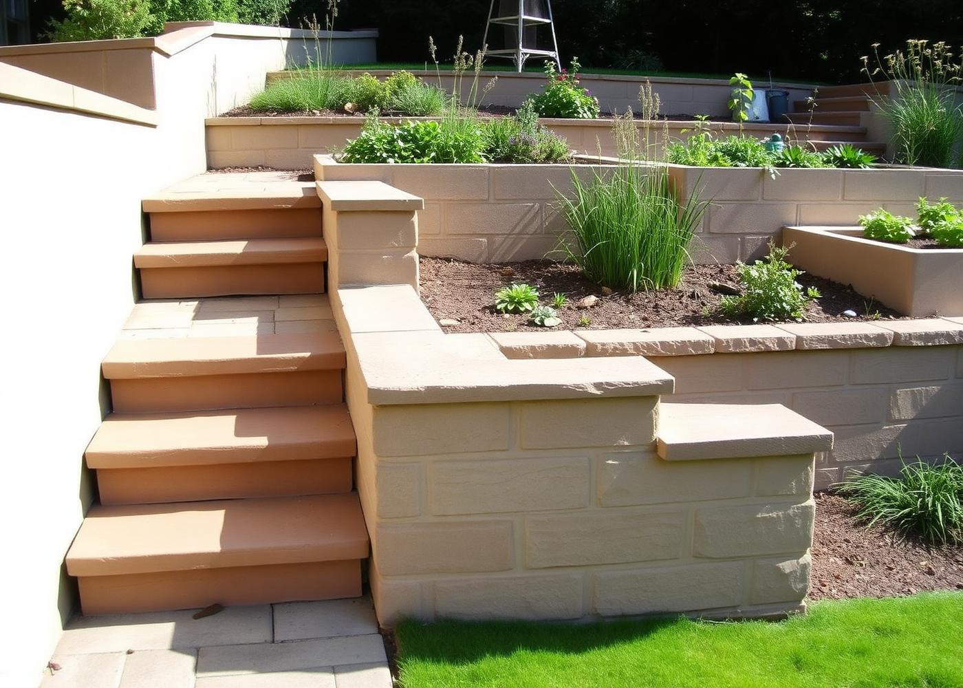 Completed garden steps, retaining walls and raised planting beds