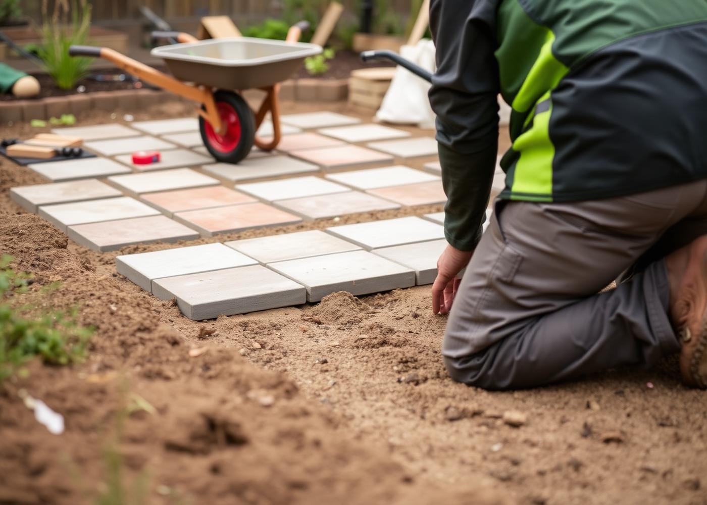 Landscaper carefully laying paving slabs during construction