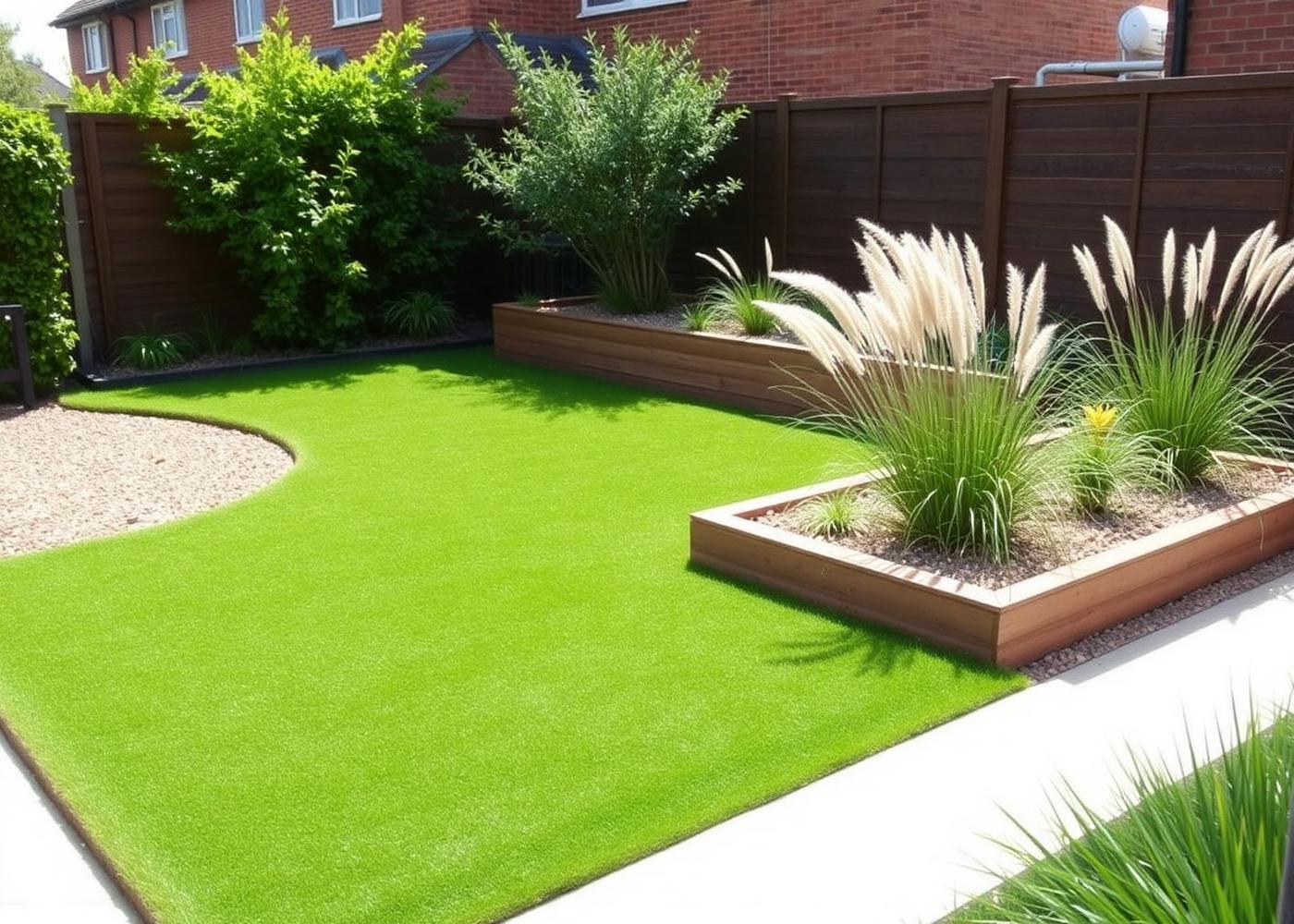Completed low-maintenance garden with artificial lawn, gravel and raised beds