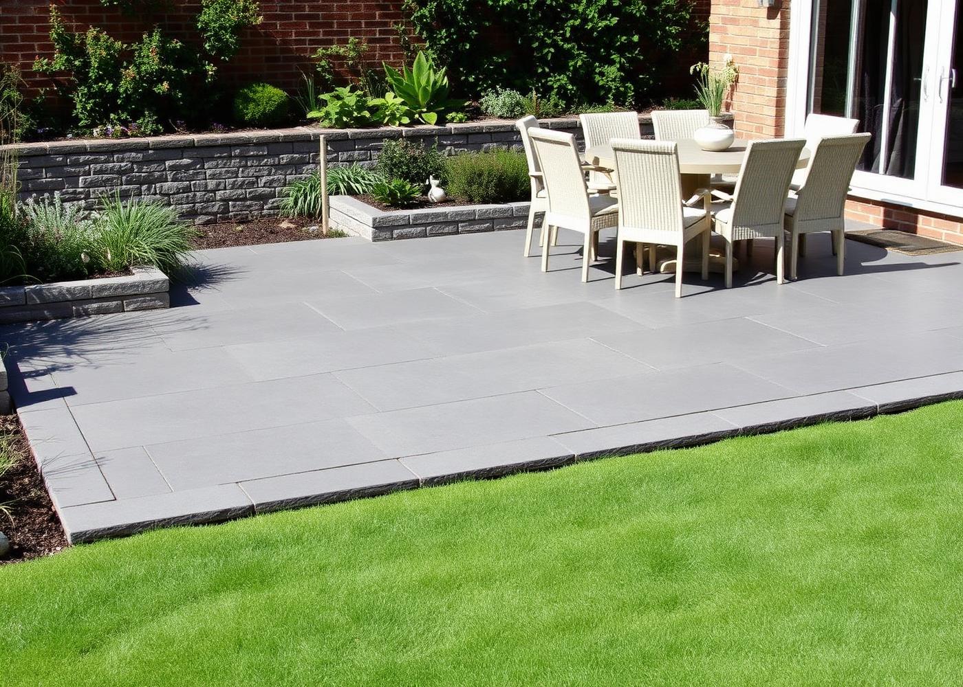 Completed grey paved patio with dining area and raised planting beds