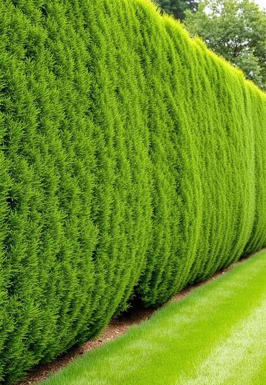 Tall evergreen garden hedge maintained to a neat, even finish